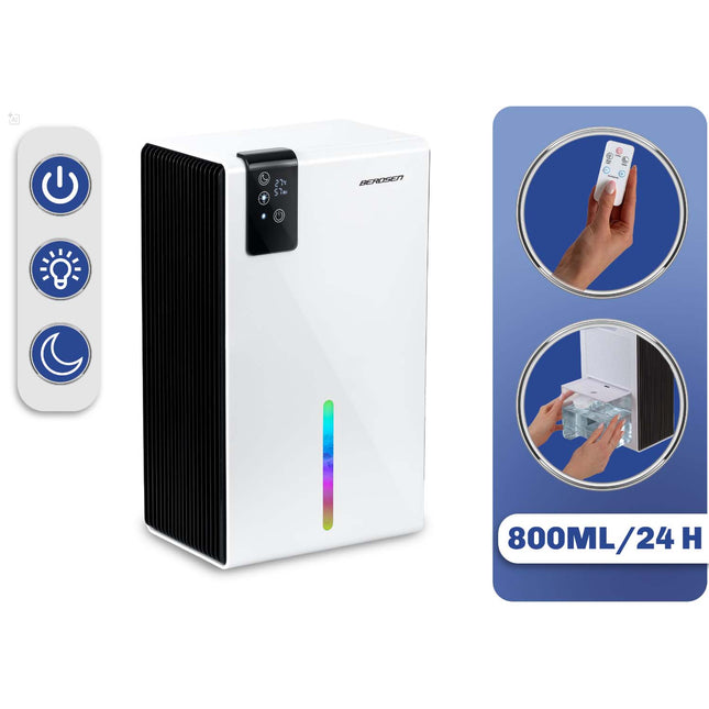 Affugter 800 ml/døgn med hygrostat, fjernbetjening, nattilstand og LED-lys