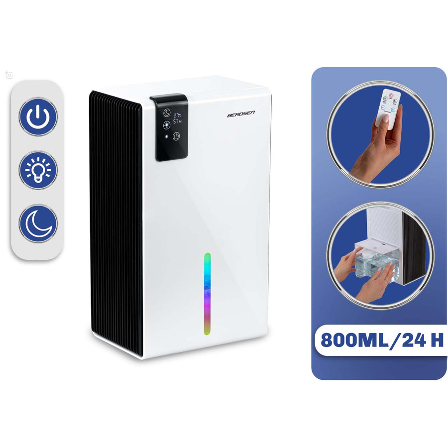 Affugter 800 ml/døgn med hygrostat, fjernbetjening, nattilstand og LED-lys