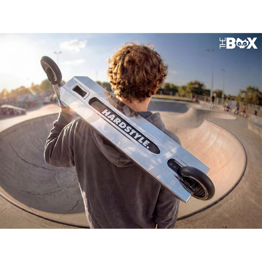 Stunt-løbehjul med 140 mm BOX-deck, SCS-kompression og 110 mm Hollow Core-hjul – sølv og sort