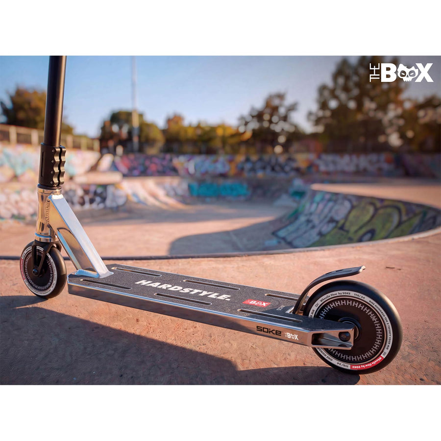 Stunt-løbehjul med 140 mm BOX-deck, SCS-kompression og 110 mm Hollow Core-hjul – sølv og sort