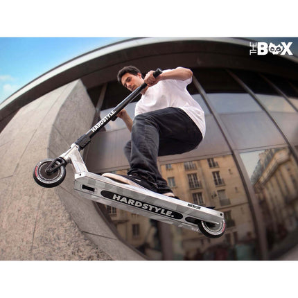 Stunt-løbehjul med 140 mm BOX-deck, SCS-kompression og 110 mm Hollow Core-hjul – sølv og sort, inkl. ekstra griptape