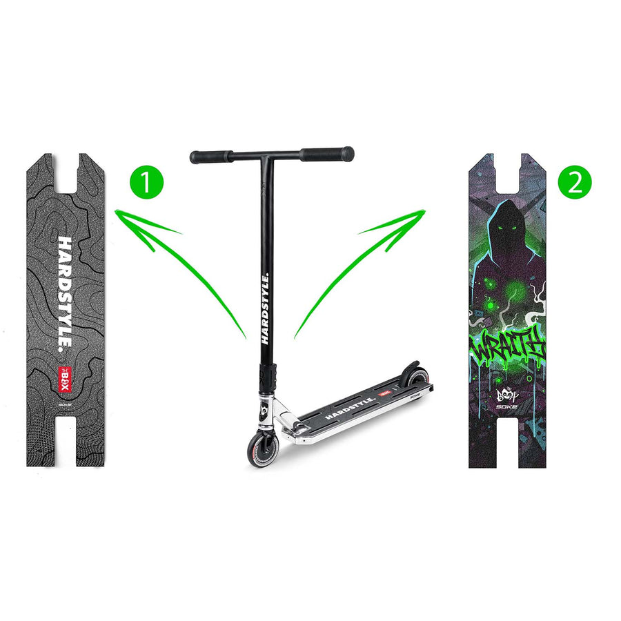 Stunt-løbehjul med 140 mm BOX-deck, SCS-kompression og 110 mm Hollow Core-hjul – sølv og sort, inkl. ekstra griptape