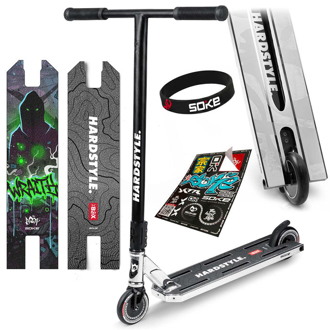 Stunt-løbehjul med 140 mm BOX-deck, SCS-kompression og 110 mm Hollow Core-hjul – sølv og sort, inkl. ekstra griptape
