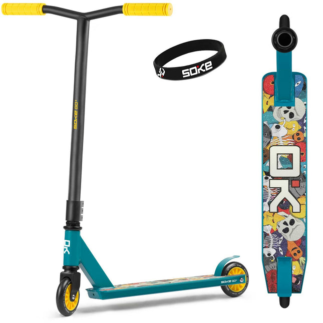 Stunt-løbehjul med 48,5 cm bredt styr, ABEC-9-lejer og 100 mm PU-hjul, 2,9 kg – gul og blå