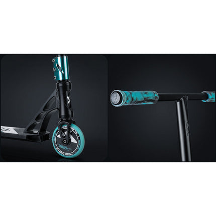 Stunt-løbehjul med HIC-kompression, T-bar-styr og 110 mm Hollow Core-hjul – sort og turkis