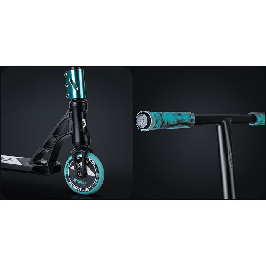 Stunt-løbehjul med HIC-kompression, T-bar-styr og 110 mm Hollow Core-hjul – sort og turkis