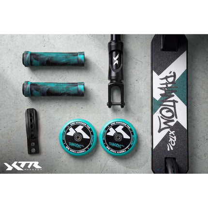 Stunt-løbehjul med HIC-kompression, T-bar-styr og 110 mm Hollow Core-hjul – sort og turkis