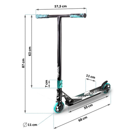 Stunt-løbehjul med HIC-kompression, T-bar-styr og 110 mm Hollow Core-hjul – sort og turkis