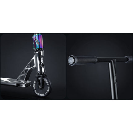 Stunt-løbehjul med HIC-kompression, T-bar-styr og 110 mm Hollow Core-hjul – sølv og sort
