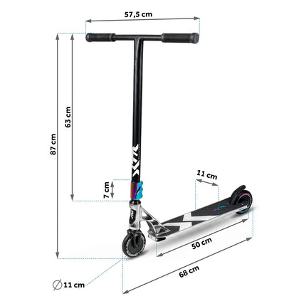 Stunt-løbehjul med HIC-kompression, T-bar-styr og 110 mm Hollow Core-hjul – sølv og sort