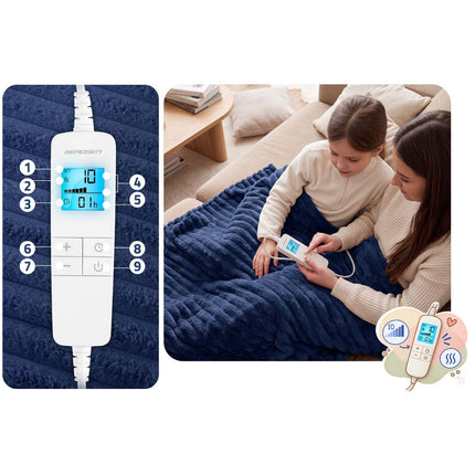 Elektrisk varmetæppe 180 x 160 cm i blød plys med 10 varmetrin, timer og LCD-display – 160 W