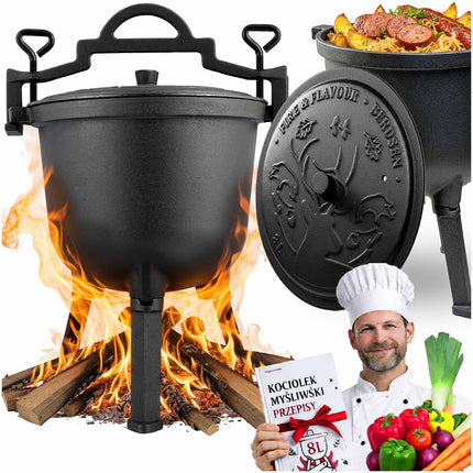 Bålgryde i støbejern 8 l med låg, aftagelige ben og opskriftsbog – til bål, grill og gaskomfur