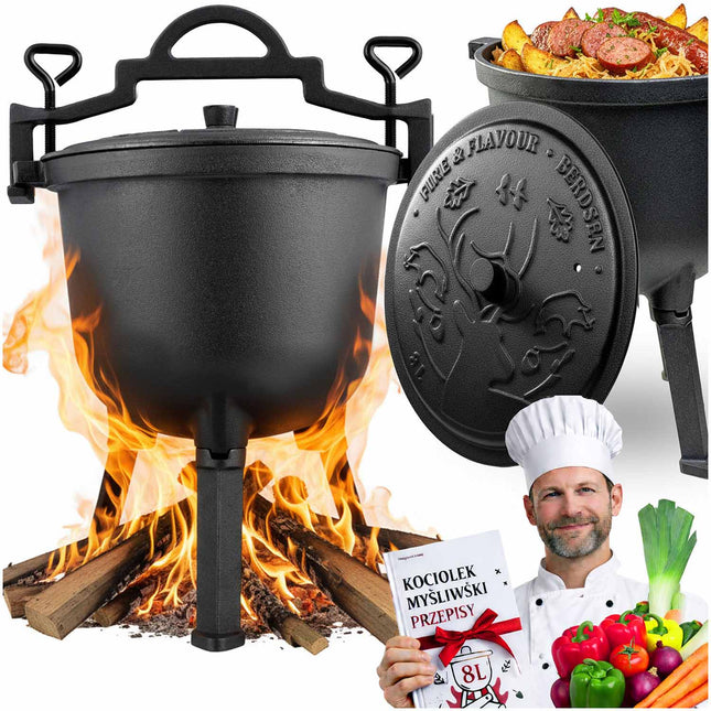 Bålgryde i støbejern 8 l med låg, aftagelige ben og opskriftsbog – til bål, grill og gaskomfur