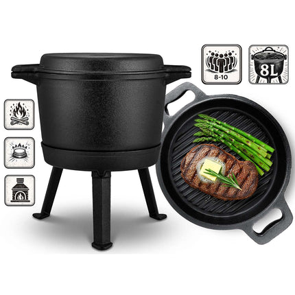 Bålgryde i støbejern 8 l med dobbeltsidet låg/pande og aftagelig trefod – til bål og grill