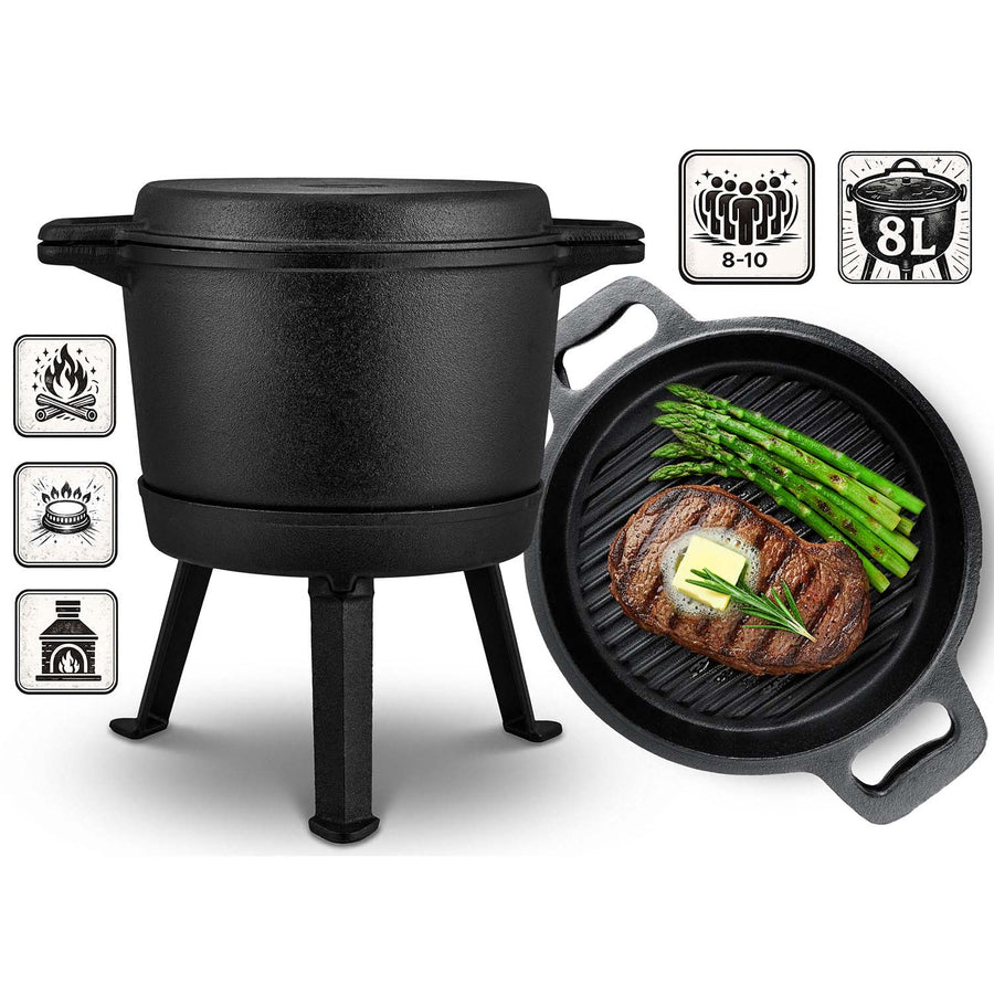 Bålgryde i støbejern 8 l med dobbeltsidet låg/pande og aftagelig trefod – til bål og grill