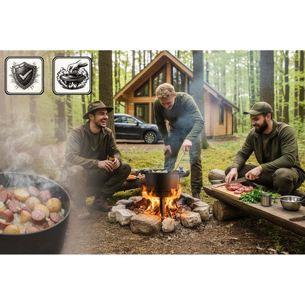 Bålgryde i støbejern 8 l med dobbeltsidet låg/pande og aftagelig trefod – til bål og grill