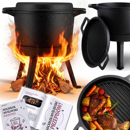 Bålgryde i støbejern 8 l med dobbeltsidet låg/pande og aftagelig trefod – til bål og grill