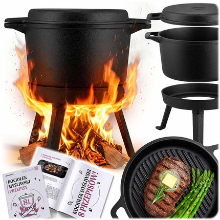 Bålgryde i støbejern 8 l med dobbeltsidet låg/pande og aftagelig trefod – til bål og grill