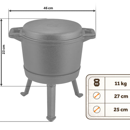 Bålgryde i støbejern 8 l med dobbeltsidet låg/pande og aftagelig trefod – til bål og grill