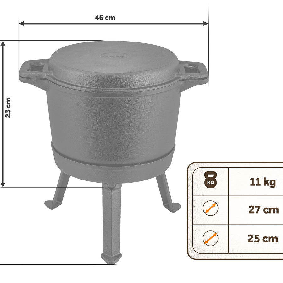 Bålgryde i støbejern 8 l med dobbeltsidet låg/pande og aftagelig trefod – til bål og grill
