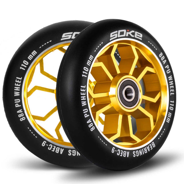 Sæt med 2 guld hjul til løbehjul - 110 mm, ABEC 9 lejer, perfekt til asfalt