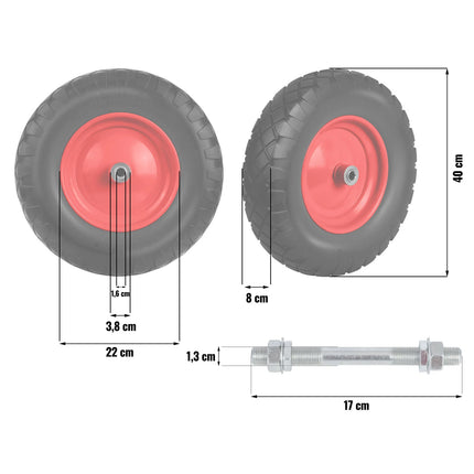 Slangeløst hjul til trillebør og havevogn - 40 cm diameter, slidstærkt PU-materiale