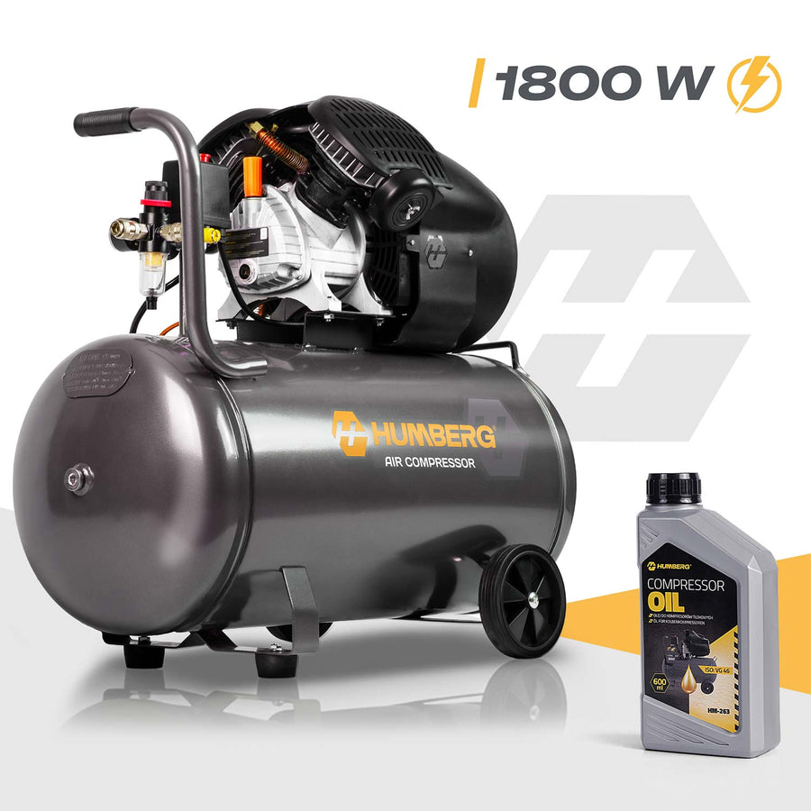 Oliesmurt kompressor 100 l, 8 bar, 1800 W med stempelpumpe, støbejernscylindre og hjul