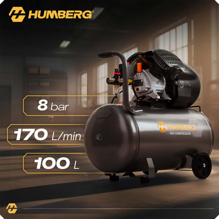 Oliesmurt kompressor 100 l, 8 bar, 1800 W med stempelpumpe, støbejernscylindre og hjul