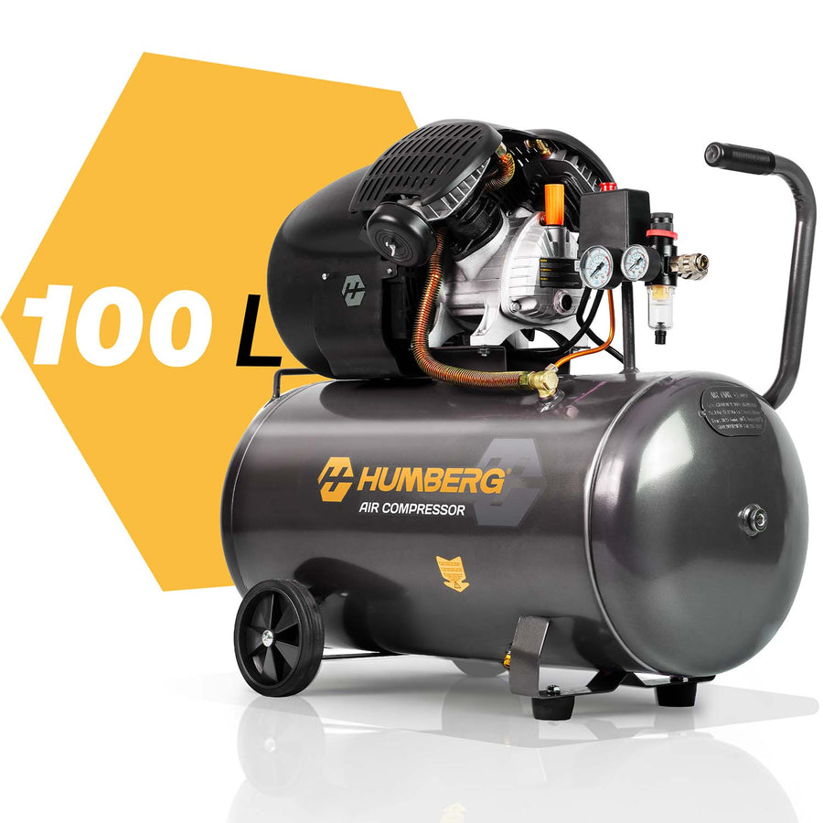 Oliesmurt kompressor 100 l, 8 bar, 1800 W med stempelpumpe, støbejernscylindre og hjul