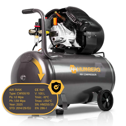 Oliesmurt kompressor 100 l, 8 bar, 1800 W med stempelpumpe, støbejernscylindre og hjul