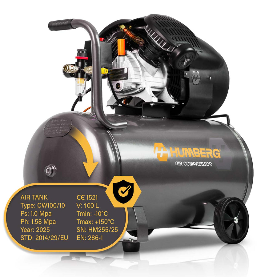 Oliesmurt kompressor 100 l, 8 bar, 1800 W med stempelpumpe, støbejernscylindre og hjul
