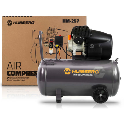 Oliesmurt kompressor 100 l, 8 bar, 1800 W med stempelpumpe, støbejernscylindre og hjul