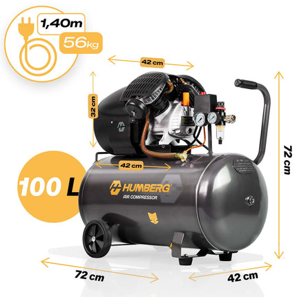 Oliesmurt kompressor 100 l, 8 bar, 1800 W med stempelpumpe, støbejernscylindre og hjul