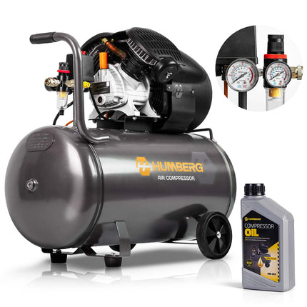 Oliesmurt kompressor 100 l, 8 bar, 1800 W med stempelpumpe, støbejernscylindre og hjul