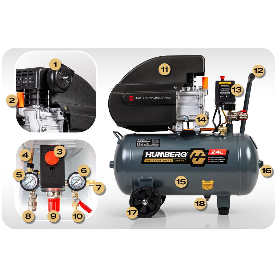 Oliesmurt kompressor 24 l, 10 bar, 1500 W med stempelpumpe og transporthjul