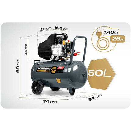 Oliesmurt kompressor 50 l, 10 bar, 1800 W med stempelpumpe og transporthjul