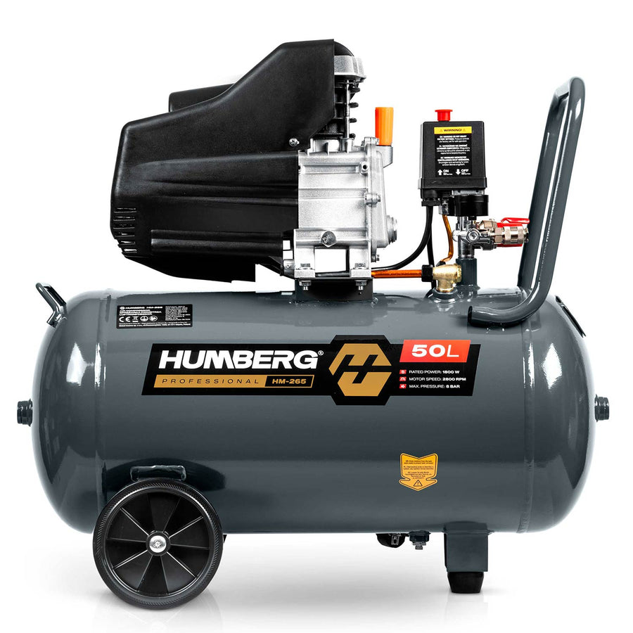 Oliesmurt kompressor 50 l, 10 bar, 1800 W med stempelpumpe og transporthjul