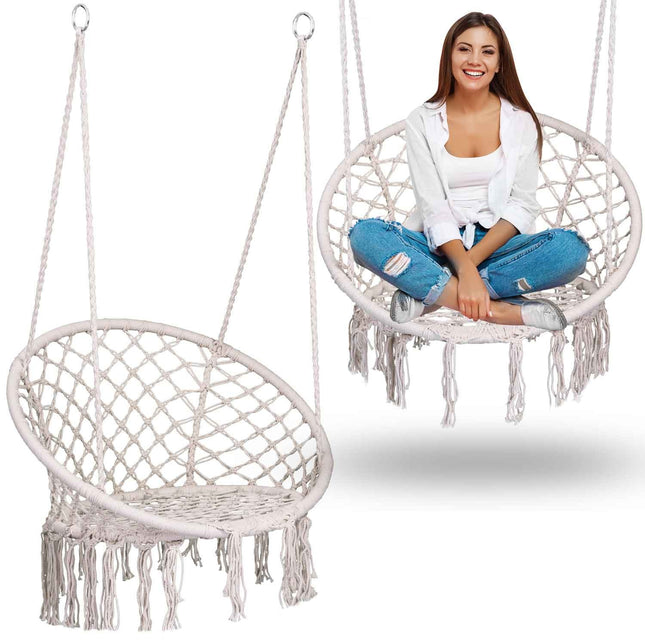 Hængestol i boho-stil med hynde til have og terrasse – beige