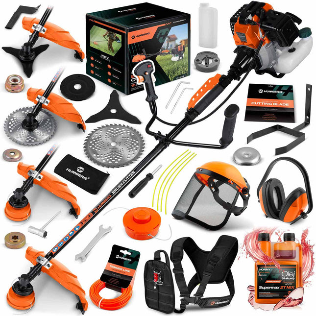 Benzin-buskrydder 52 cc, 1500 W, 2-takt med tilbehørssæt, værn, seler og olie – orange, sort skaft