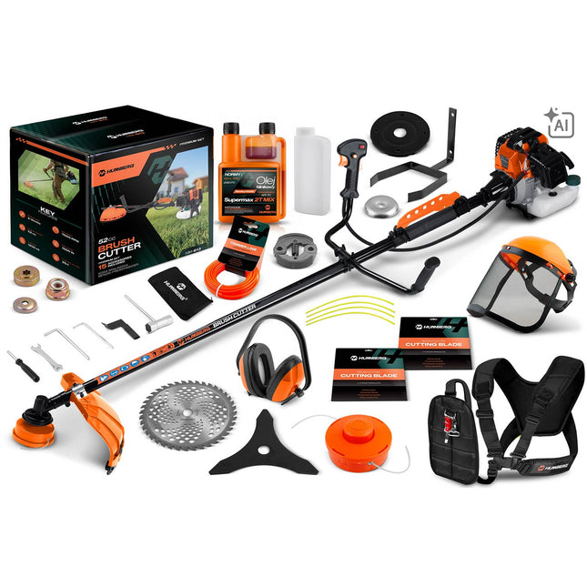 Benzin-buskrydder 52 cc, 1500 W, 2-takt med tilbehørssæt, værn, seler og olie – orange, sort skaft