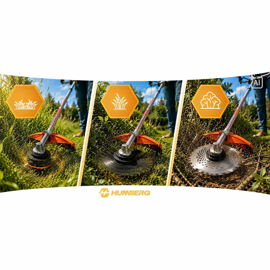 Benzin-buskrydder 52 cc, 1500 W, 2-takt med tilbehørssæt, værn, seler og olie – orange, sølvfarvet skaft
