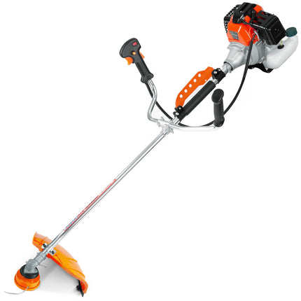 Benzin-buskrydder 52 cc, 1500 W, 2-takt med tilbehørssæt, værn, seler og olie – orange, sølvfarvet skaft