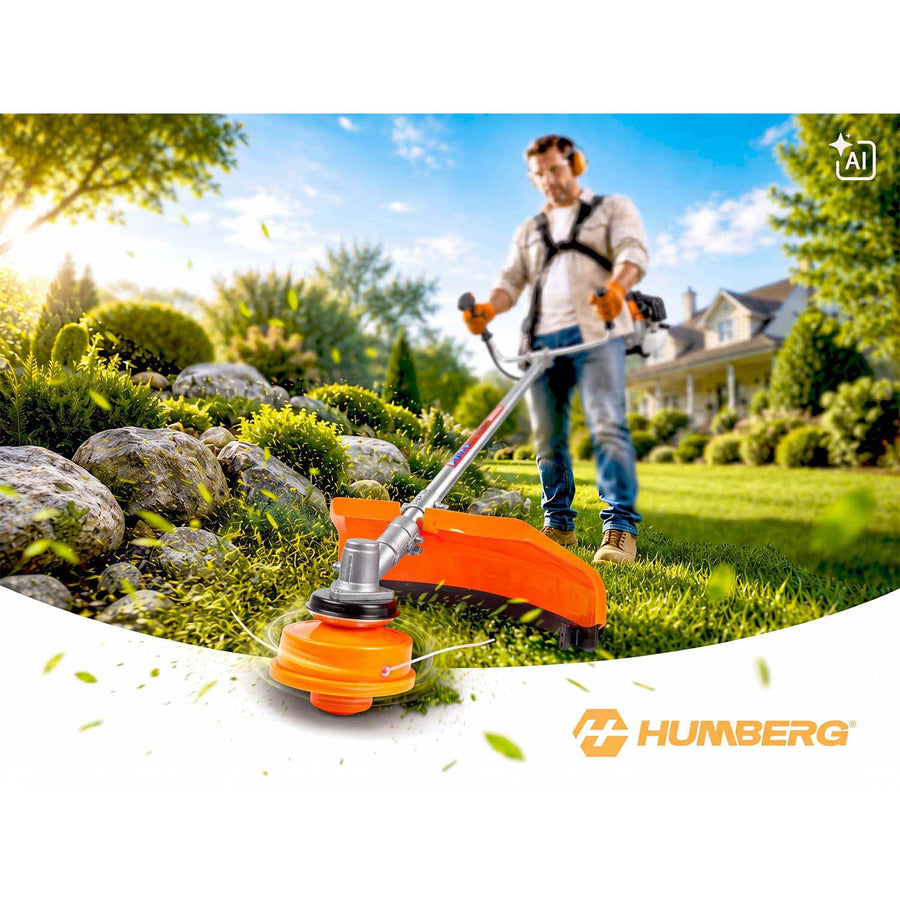 Benzin-buskrydder 52 cc, 1500 W, 2-takt med tilbehørssæt, værn, seler og olie – orange, sølvfarvet skaft