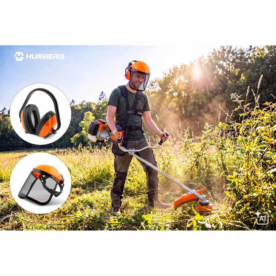 Benzin-buskrydder 52 cc, 1500 W, 2-takt med tilbehørssæt, værn, seler og olie – orange, sølvfarvet skaft
