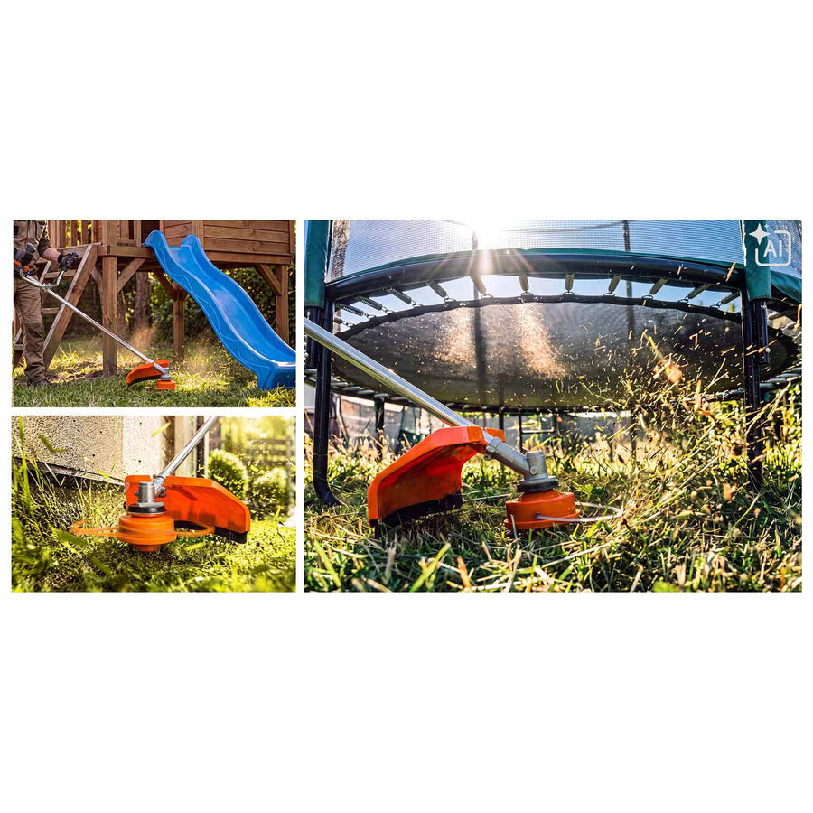 Benzin-buskrydder 52 cc, 1500 W, 2-takt med tilbehørssæt, værn, seler og olie – orange, sølvfarvet skaft