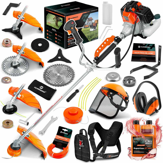 Benzin-buskrydder 52 cc, 1500 W, 2-takt med tilbehørssæt, værn, seler og olie – orange, sølvfarvet skaft