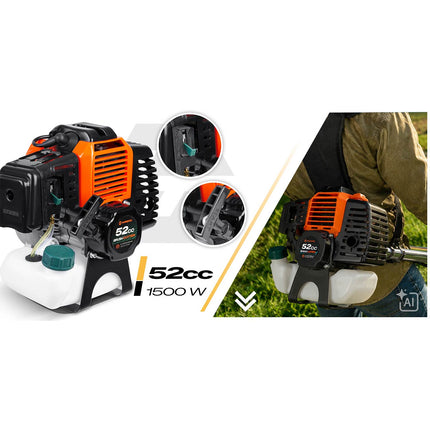Benzin-buskrydder 52 cc, 1500 W, 2-takt med tilbehørssæt, værn, seler og olie – orange, sølvfarvet skaft