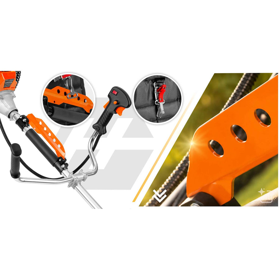 Benzin-buskrydder 52 cc, 1500 W, 2-takt med tilbehørssæt, værn, seler og olie – orange, sølvfarvet skaft