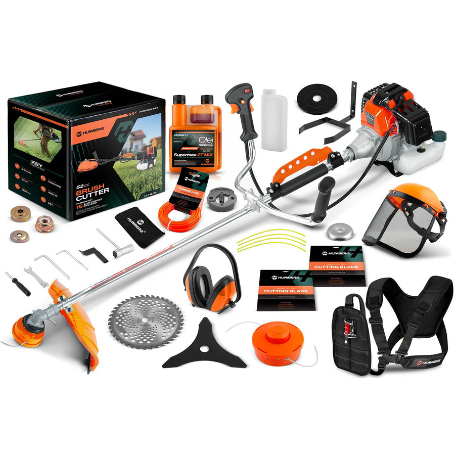 Benzin-buskrydder 52 cc, 1500 W, 2-takt med tilbehørssæt, værn, seler og olie – orange, sølvfarvet skaft