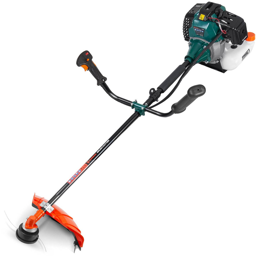 Benzin-buskrydder 52 cc, 1500 W, 2-takt med tilbehørssæt, værn, seler og olie – grøn
